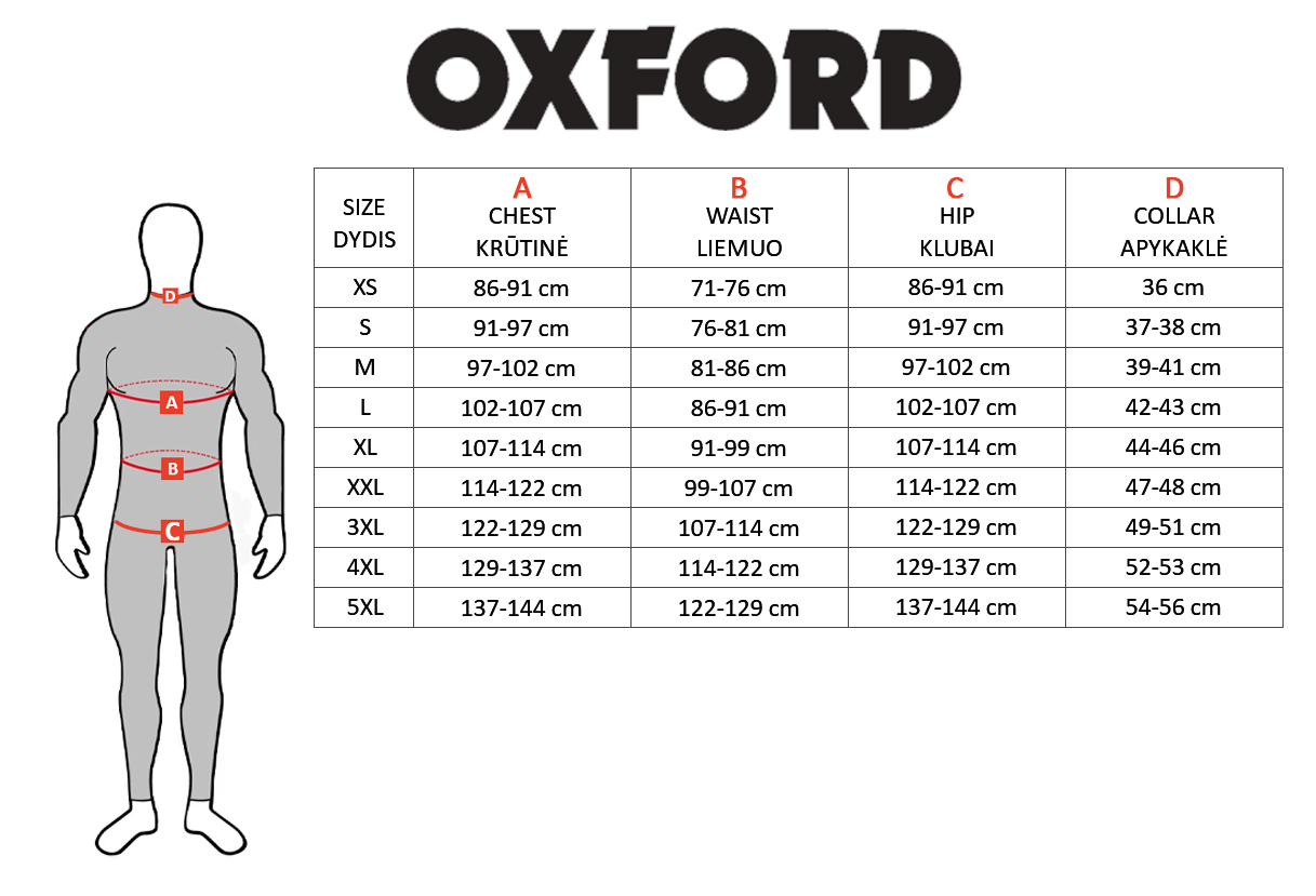 OXFORD dydžių lentelė