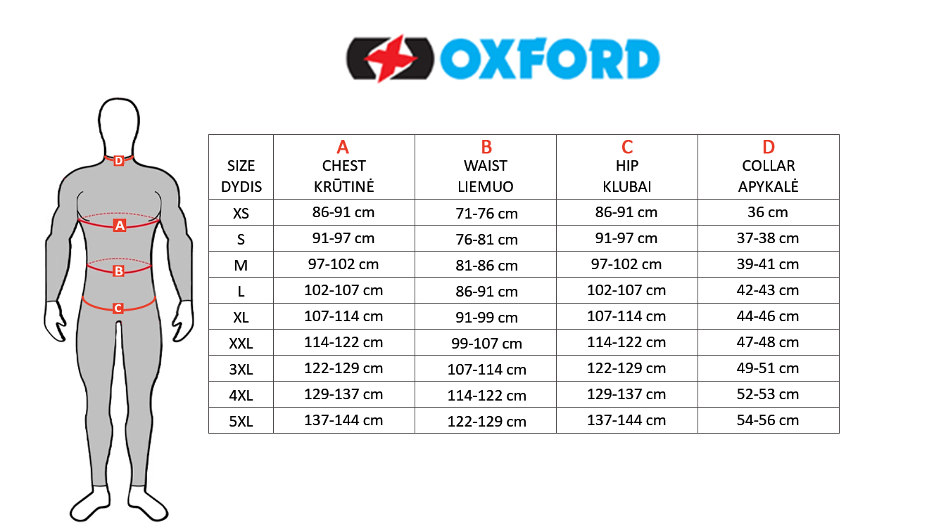 OXFORD dydžių lentelė