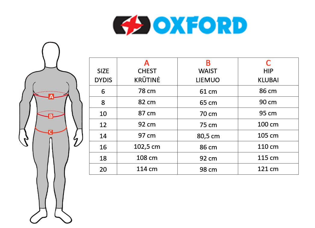 OXFORD dydžių lentelė