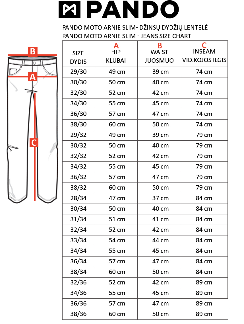 PANDO MOTO dydžių lentelė