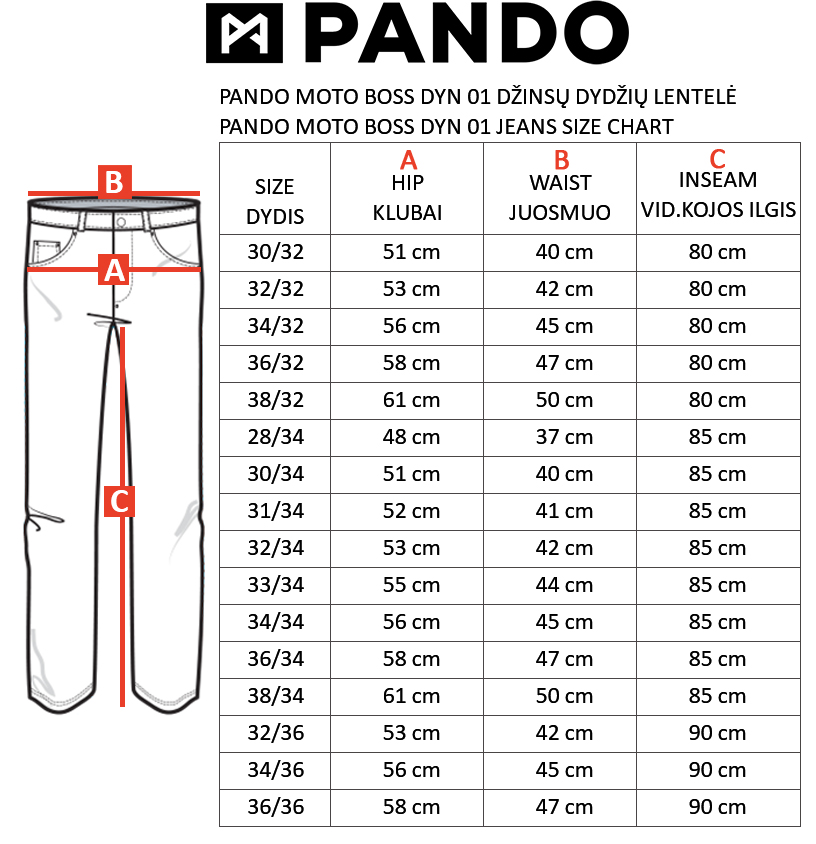 PANDO MOTO dydžių lentelė