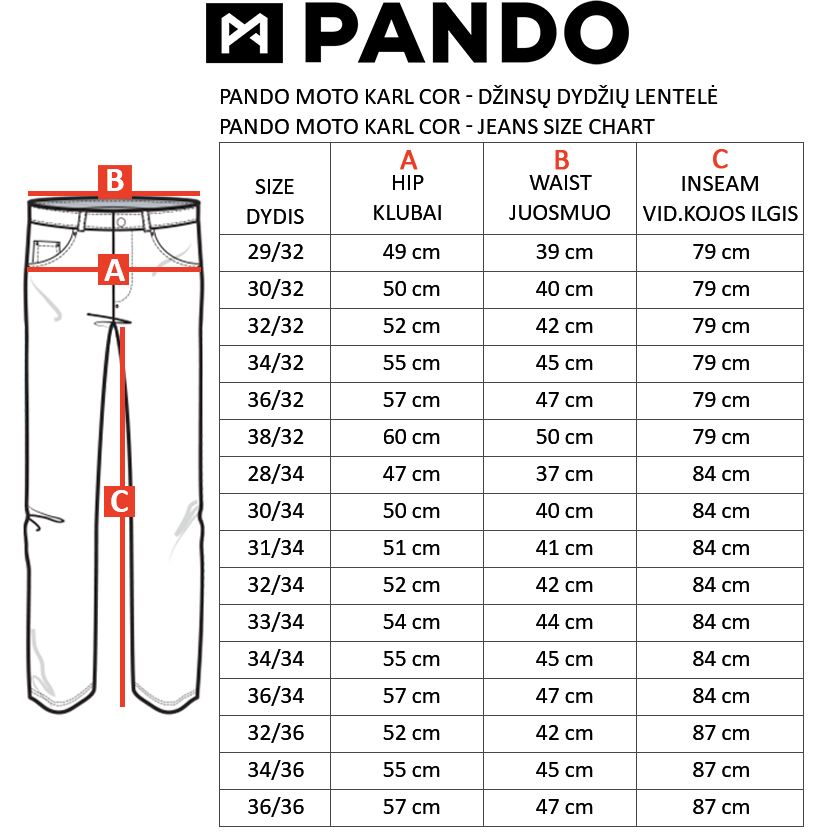 PANDO MOTO dydžių lentelė