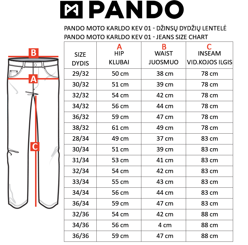 PANDO MOTO dydžių lentelė