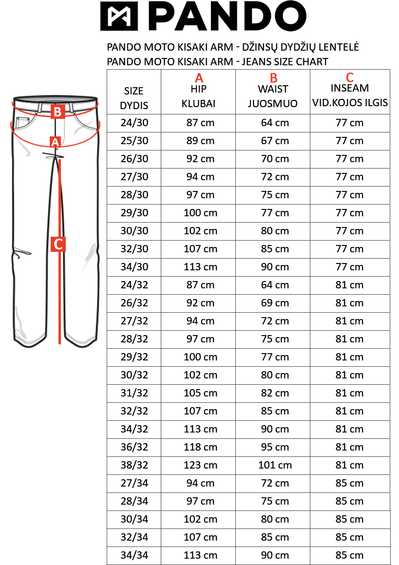 PANDO MOTO dydžių lentelė