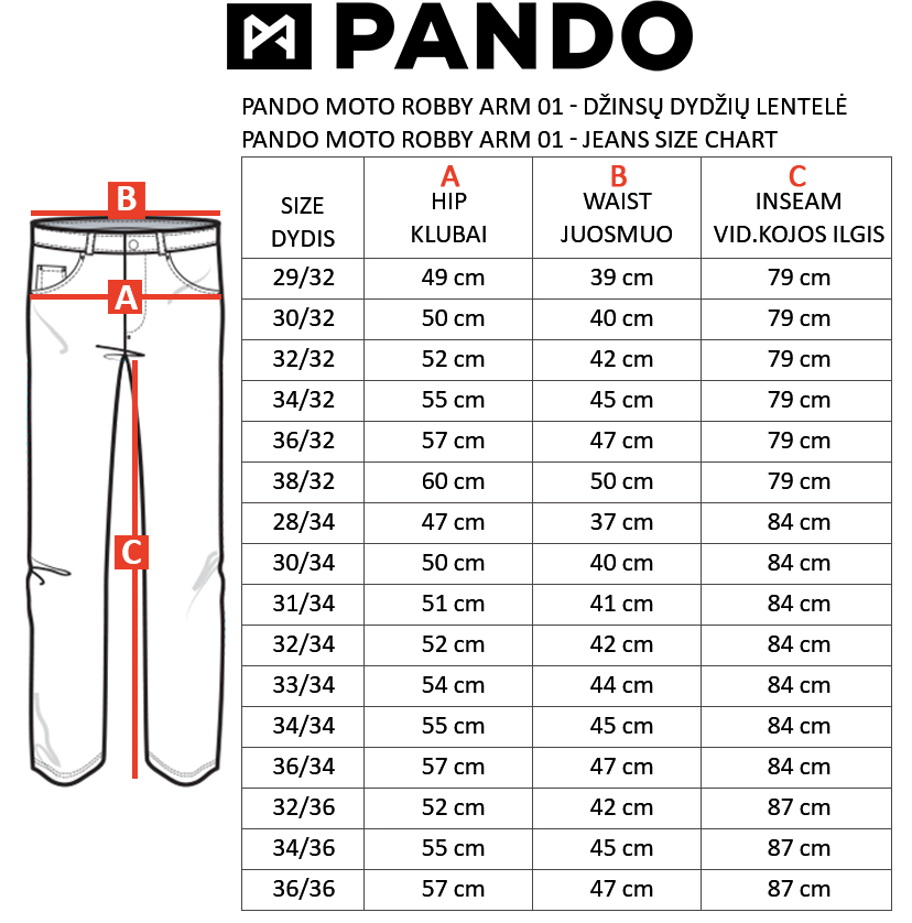 PANDO MOTO dydžių lentelė