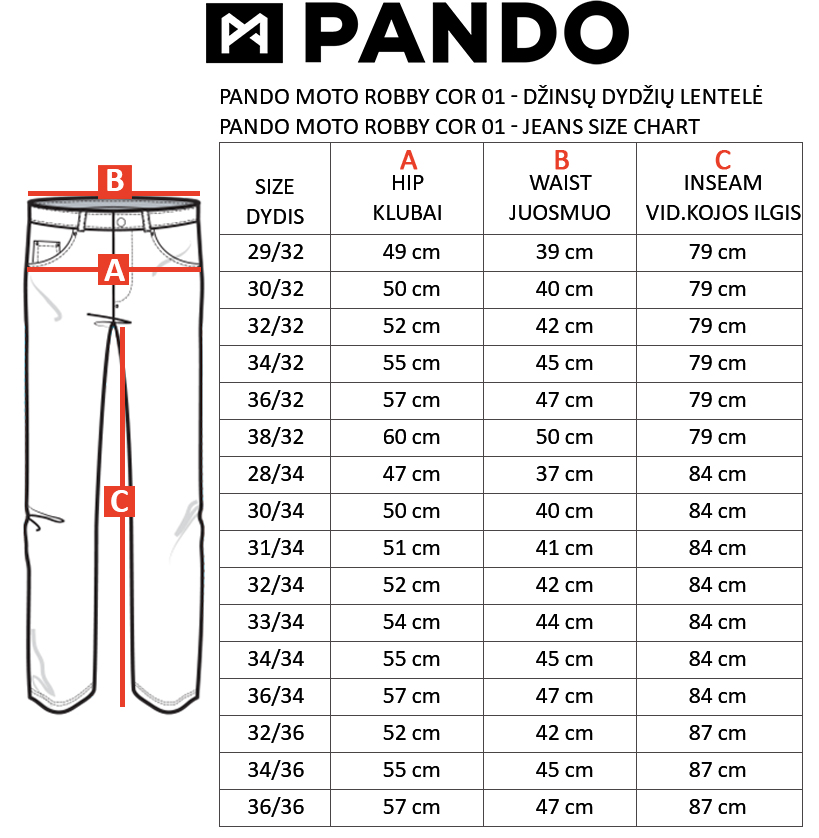 PANDO MOTO dydžių lentelė