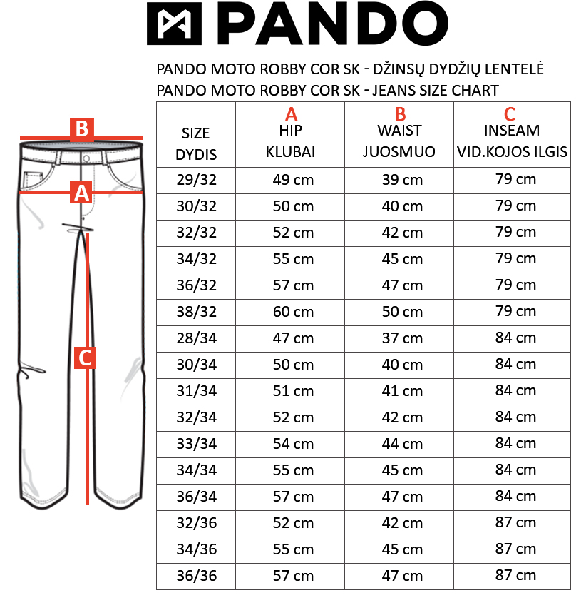 PANDO MOTO dydžių lentelė