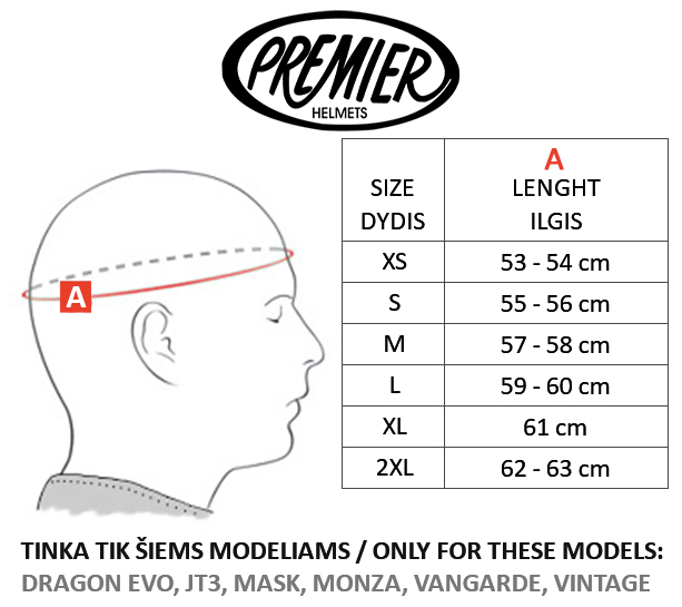 PREMIER dydžių lentelė