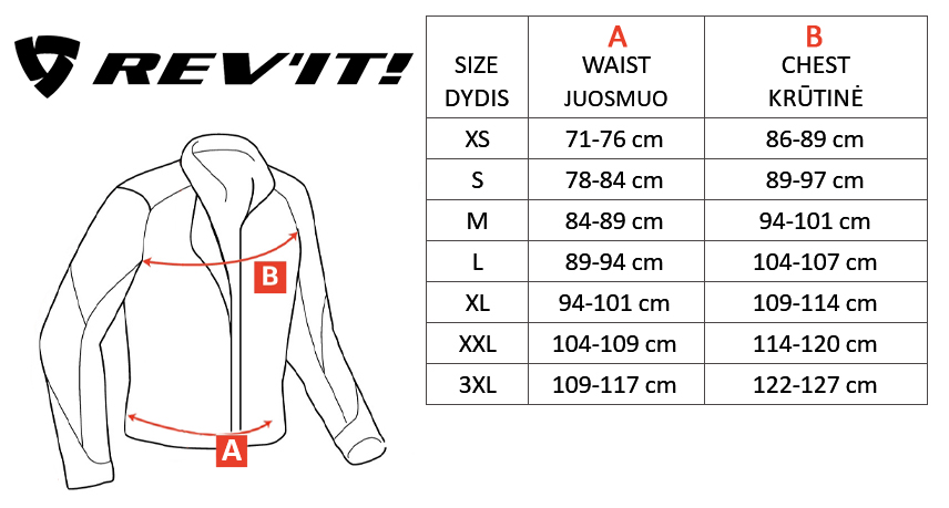 REV'IT dydžių lentelė