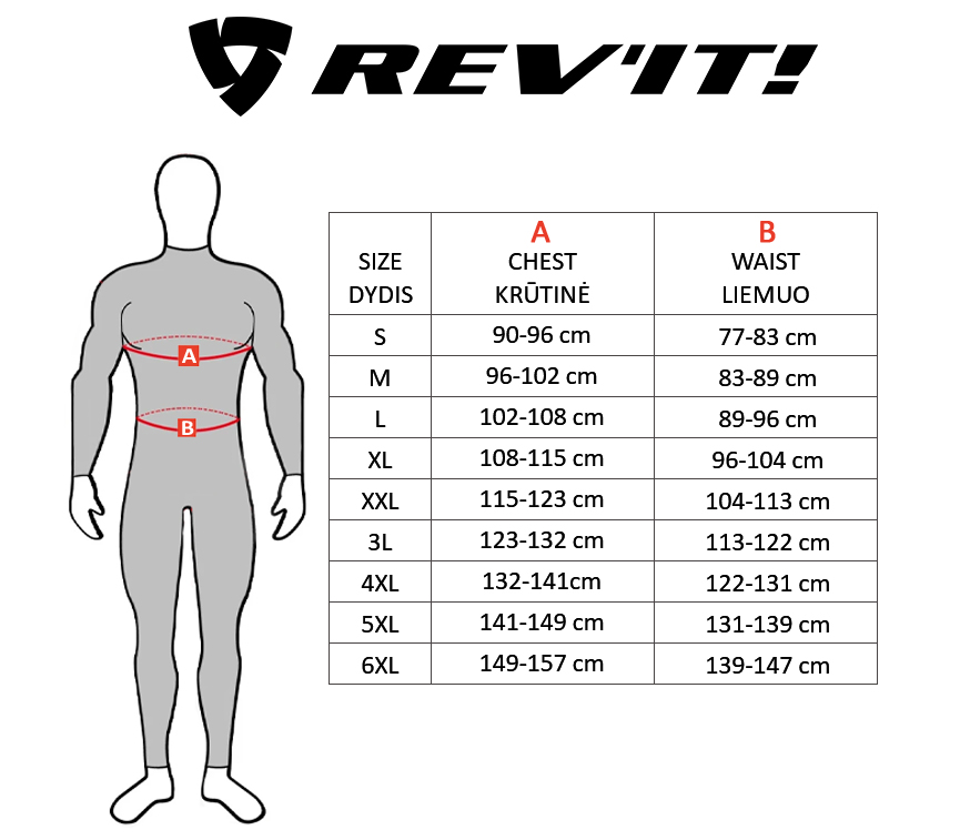 REV'IT dydžių lentelė