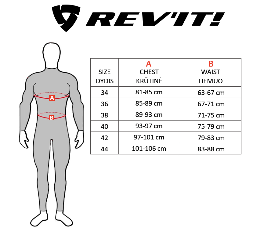 REV'IT dydžių lentelė