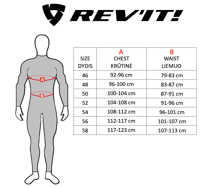 REV'IT dydžių lentelė