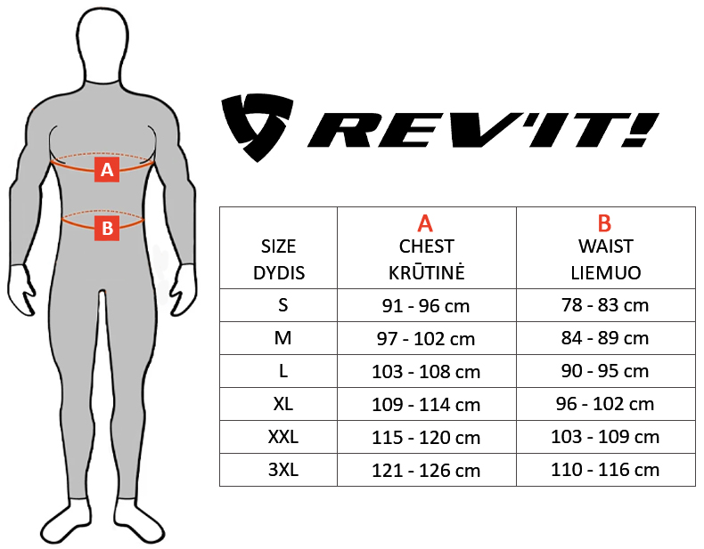 REV'IT dydžių lentelė
