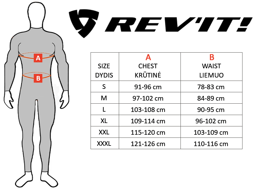 REV'IT dydžių lentelė