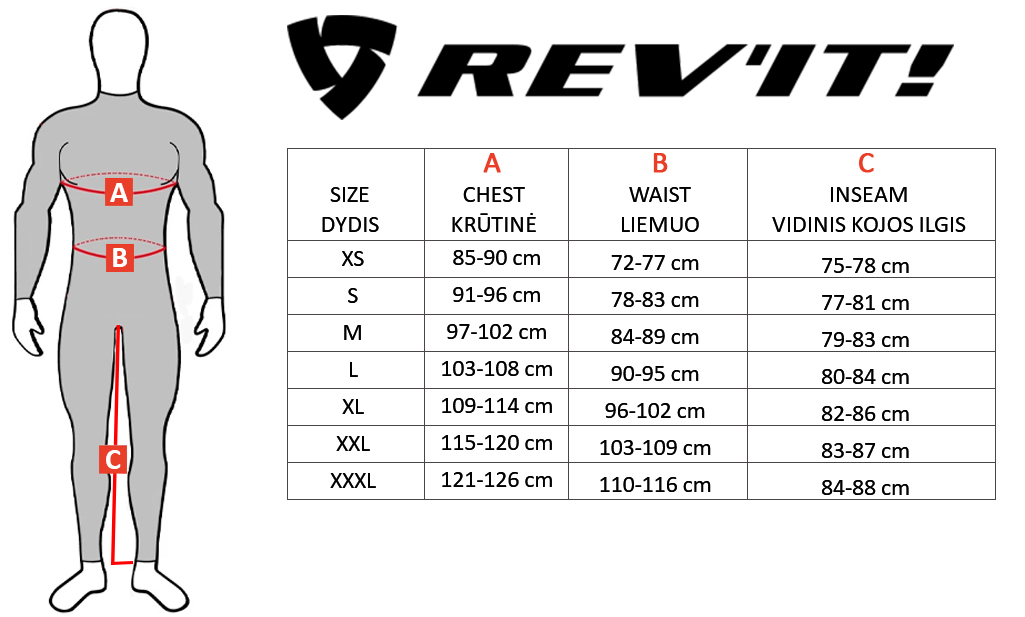 REV'IT dydžių lentelė