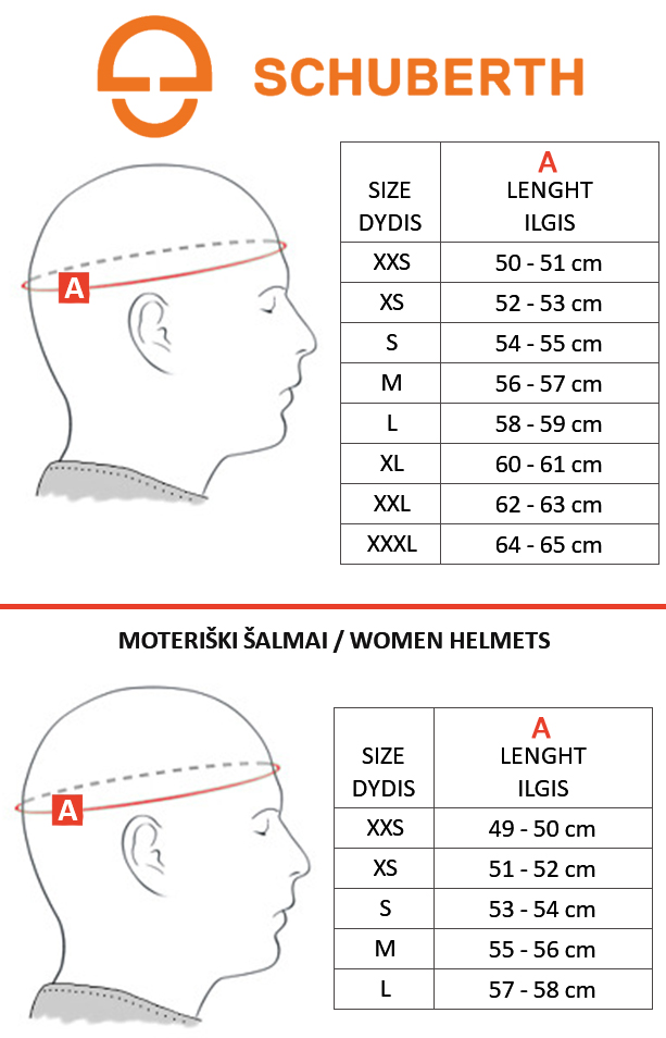 SCHUBERTH dydžių lentelė