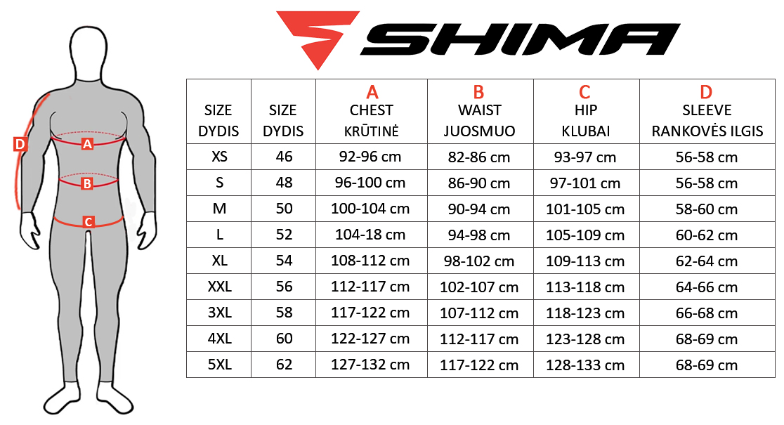 SHIMA dydžių lentelė