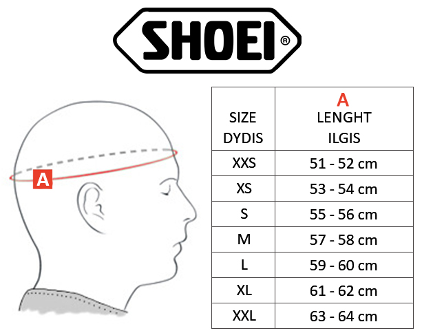 SHOEI dydžių lentelė