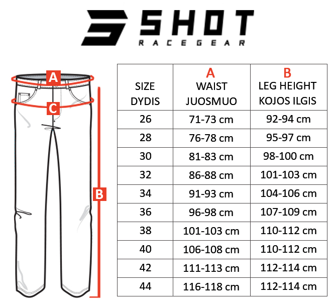 SHOT dydžių lentelė