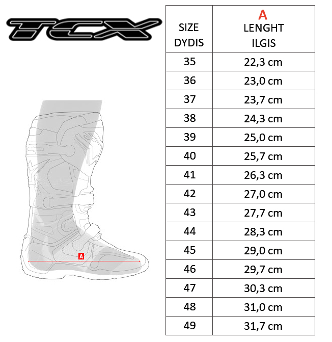 TCX dydžių lentelė