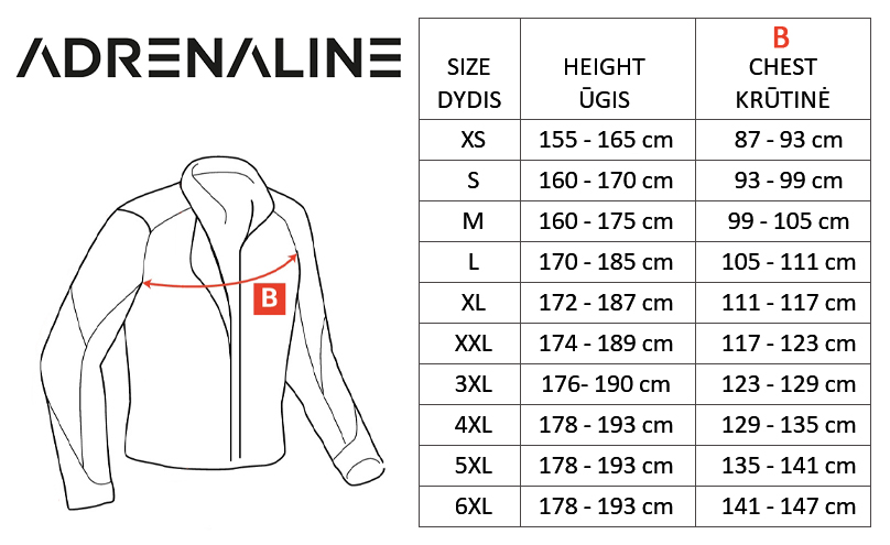 ADRENALINE dydžių lentelė