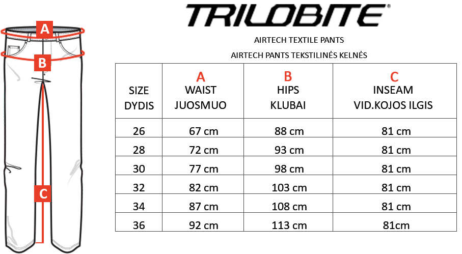 TRILOBITE dydžių lentelė