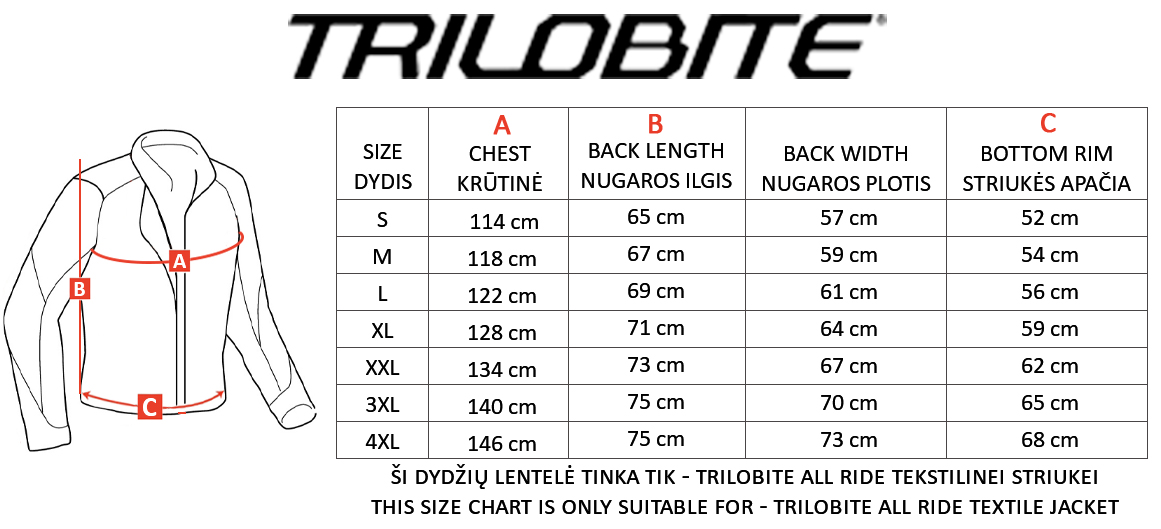 TRILOBITE dydžių lentelė