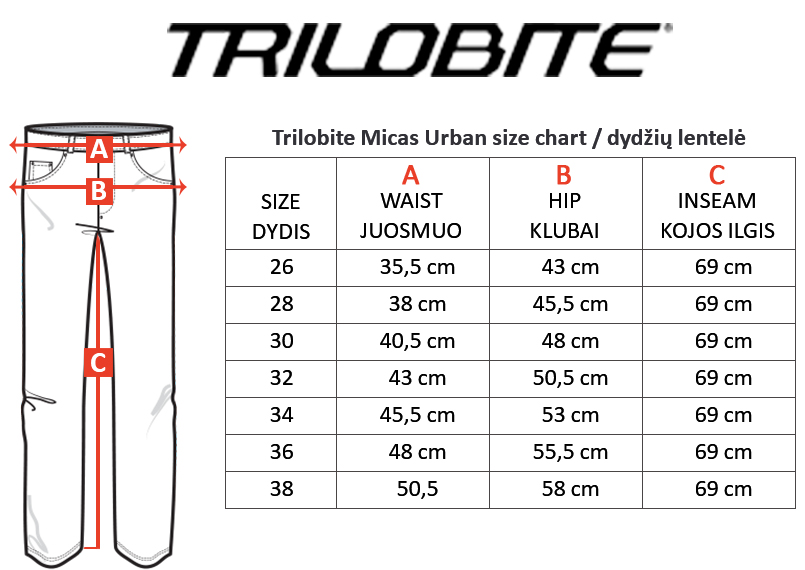 TRILOBITE dydžių lentelė