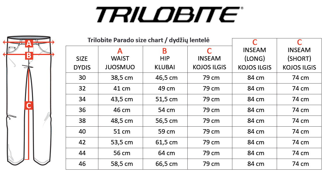 TRILOBITE dydžių lentelė