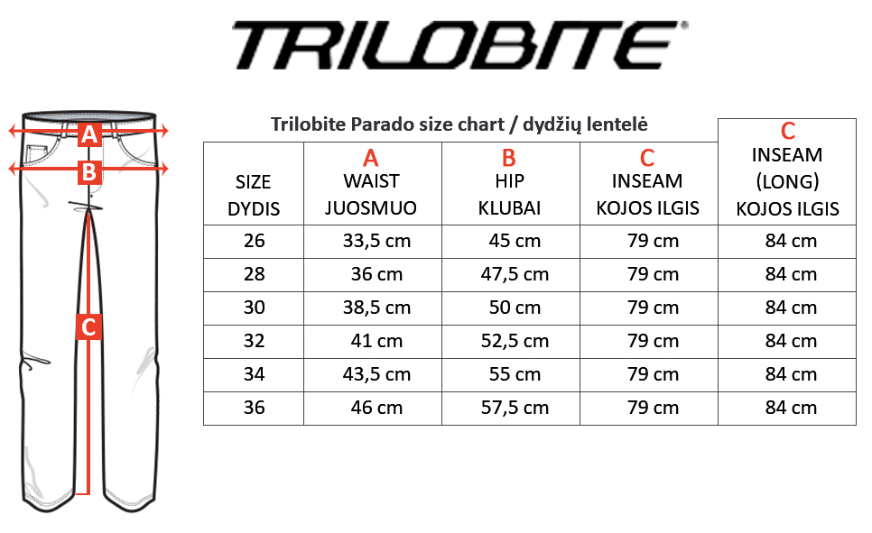 TRILOBITE dydžių lentelė