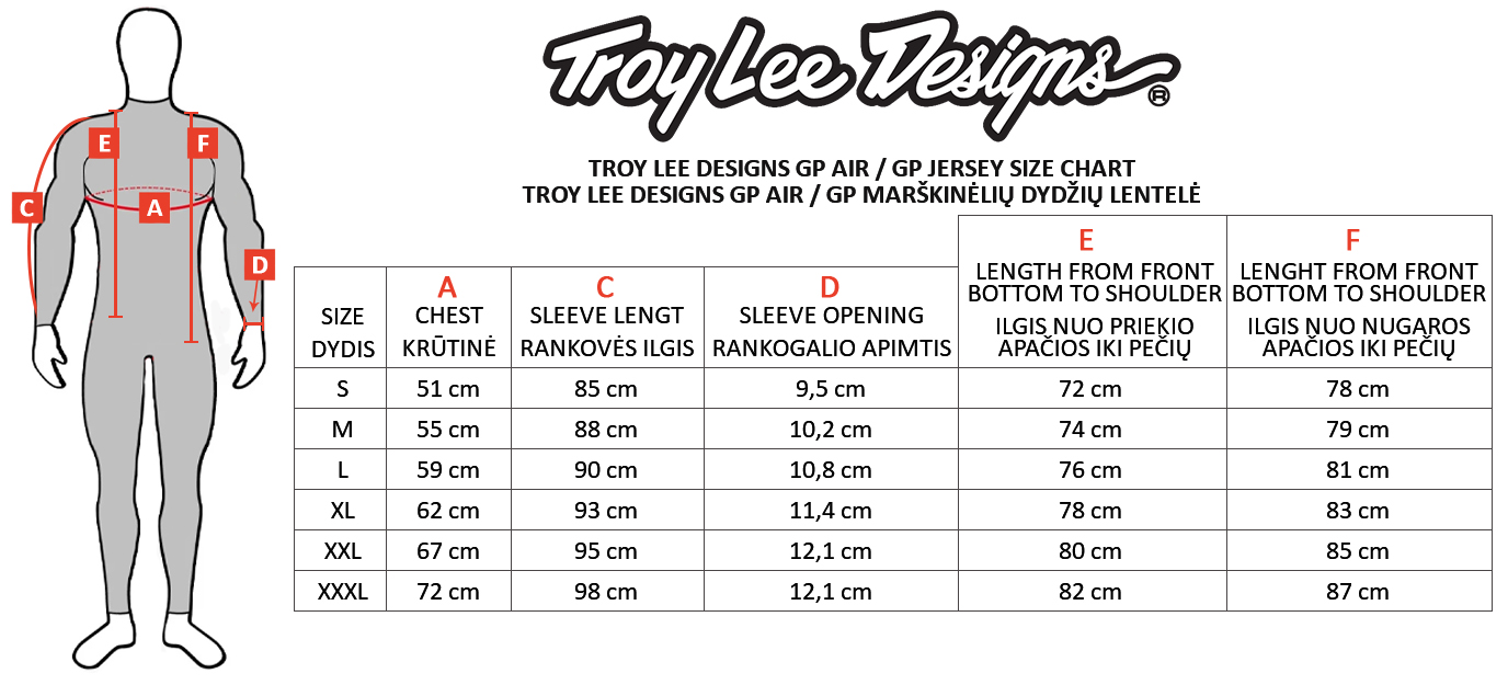 TROY LEE DESIGNS dydžių lentelė