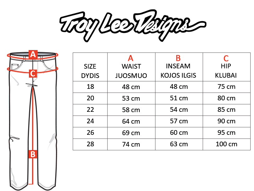 TROY LEE DESIGNS dydžių lentelė