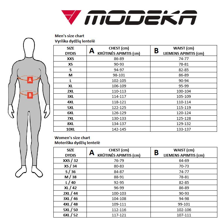 MODEKA dydžių lentelė